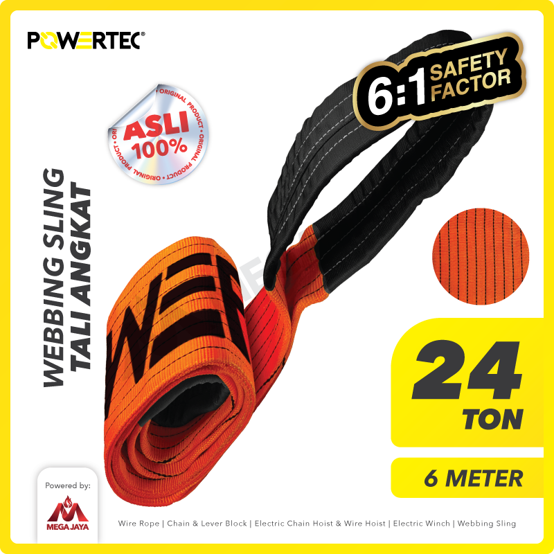 Webbing-Sling-POWERTEC-24Ton-x-6Meter-I Webbing Sling Powertec (6:1) 4Ply 24 Ton X 6 Meter (Orange) - Gambar 1
