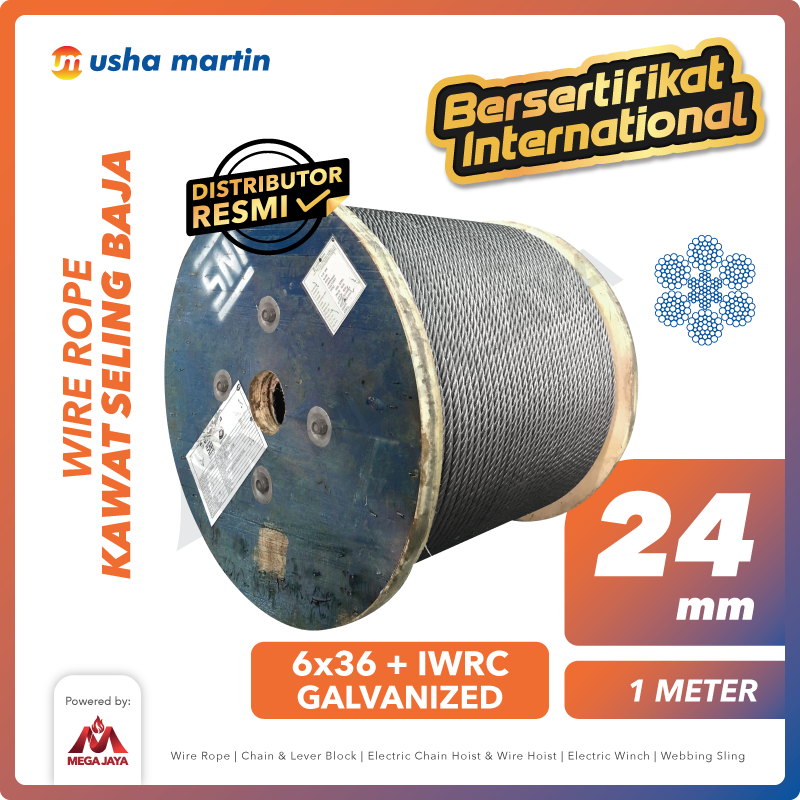 USHA-MARTIN-Wire-Rope-6x36-IWRC-24mm-x-1Meter-I Wire Rope Usha Martin 6x36 + IWRC Galv 24Milimeter - Gambar 1